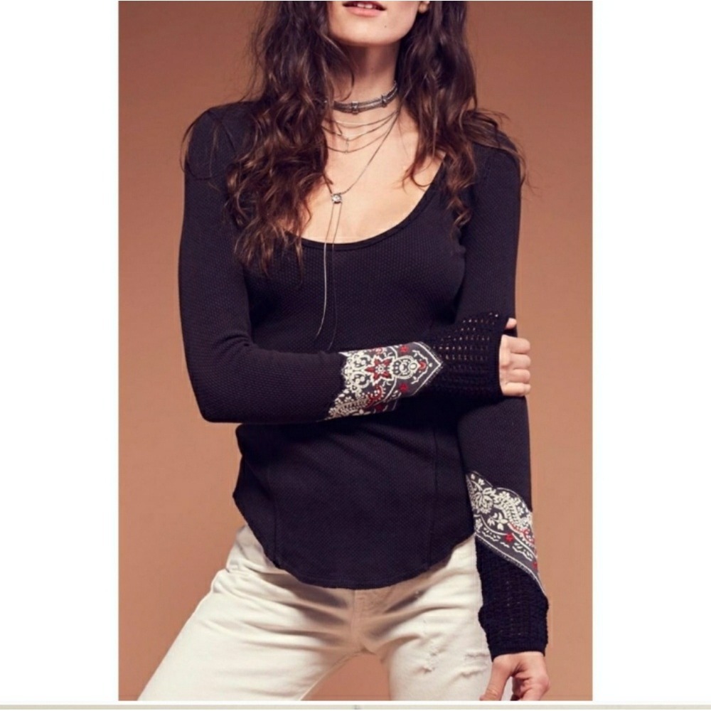 We The Free Black Bandana Thermal Waffle Knit Embroidered Cuff Top Large